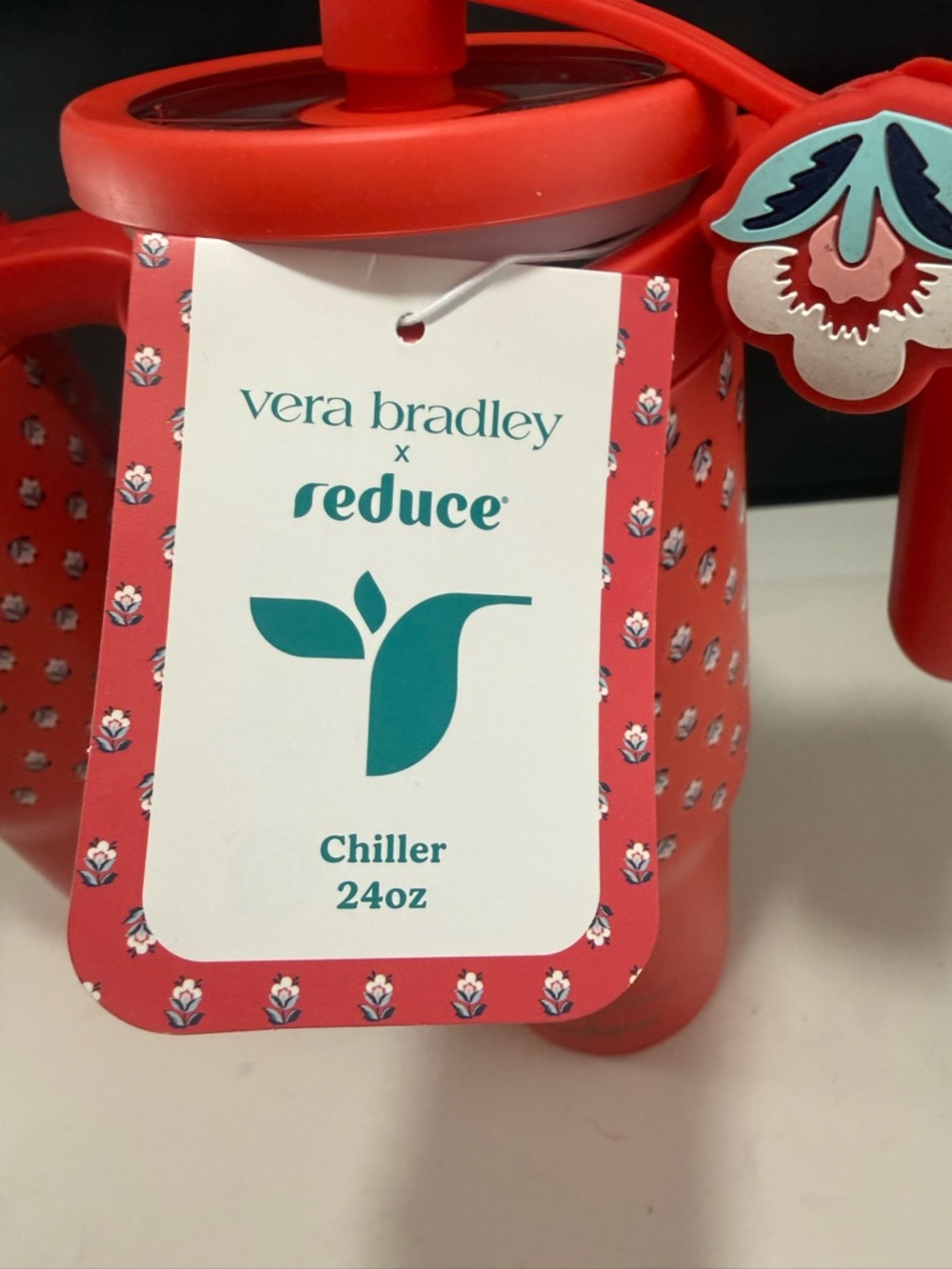24 oz Vera Bradley Red Floral Patterned Travel Mug Flower Straw Stopper set of 2 - Picture 9 of 11